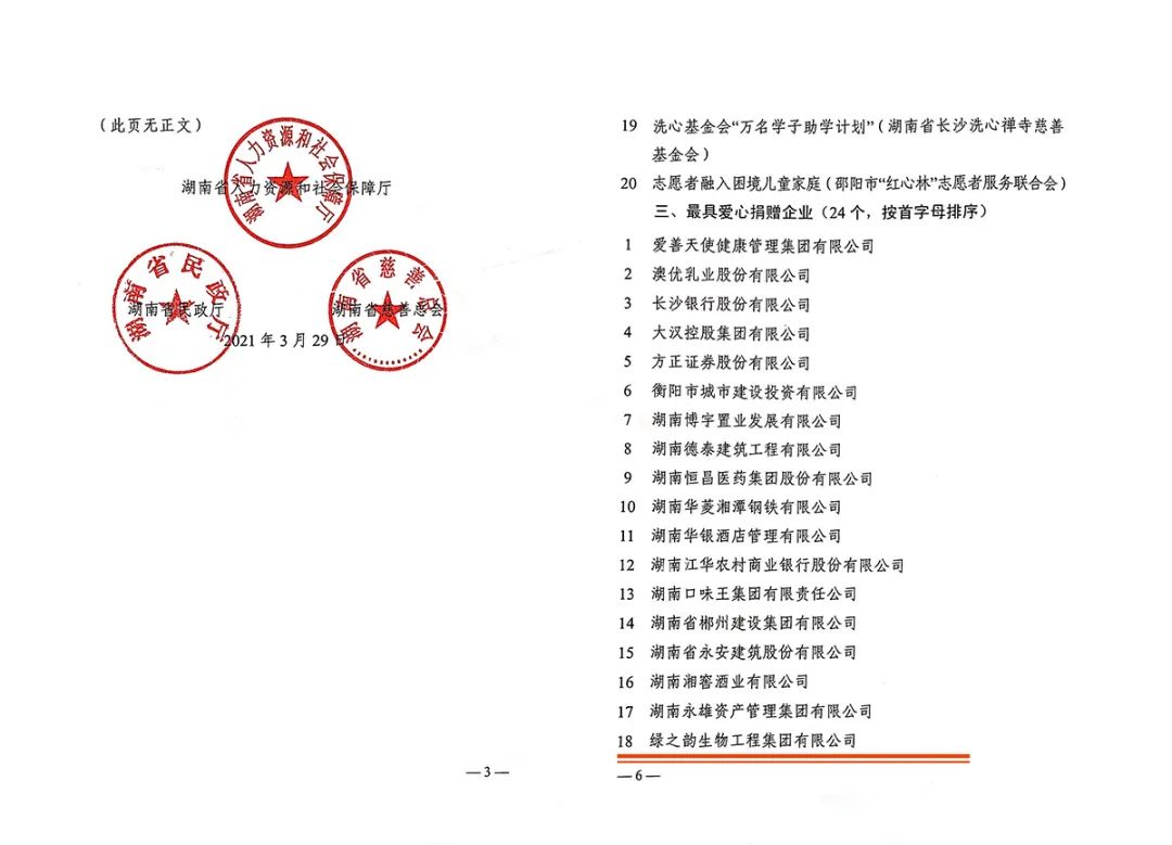 绿之韵集团荣获第四届湖南慈善奖“最具爱心捐赠企业”