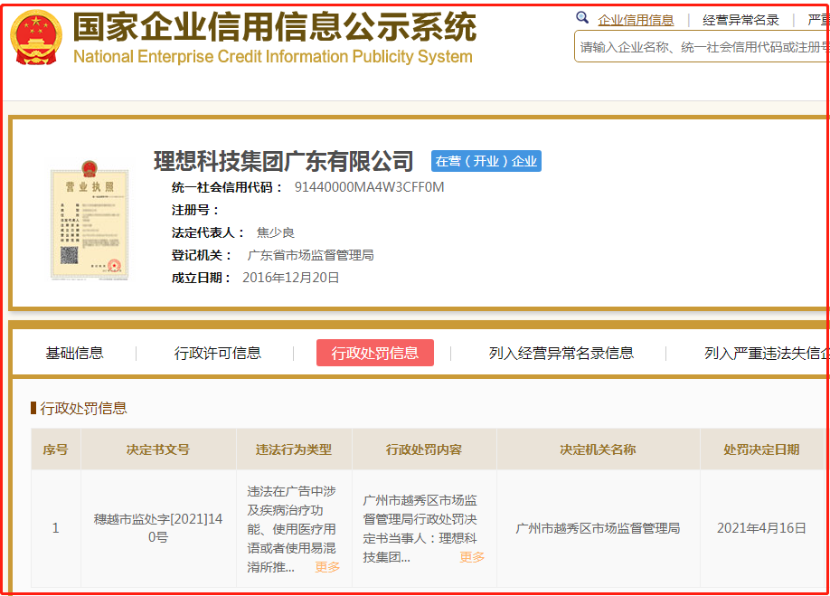理想科技集团广东有限公司因违反《广告法》被当地市监局处罚