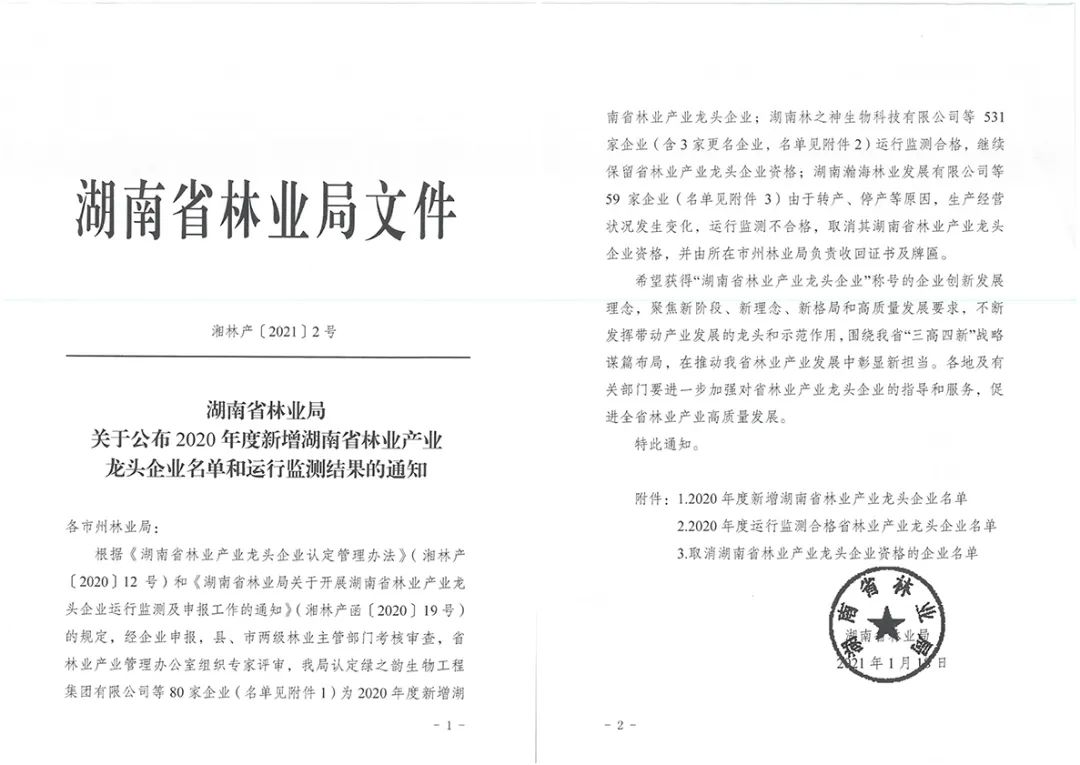 绿之韵集团荣获“湖南省林业产业化龙头企业”称号