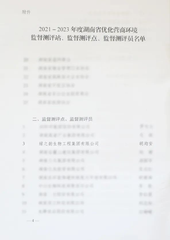 绿之韵集团获评“2021-2023年度湖南省优化营商环境监督测评点”