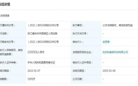 粉象生活第二大股东赵恩惠遭冻结2000多万元股权