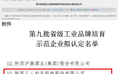 三八妇乐获评陕西省工业品牌培育示范企业～