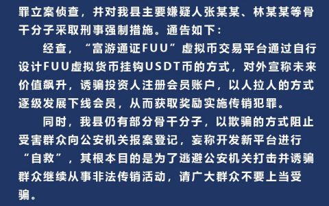 平阴县公安局关于 “富游通证FUU”涉嫌组织、领导传销活动案的通告