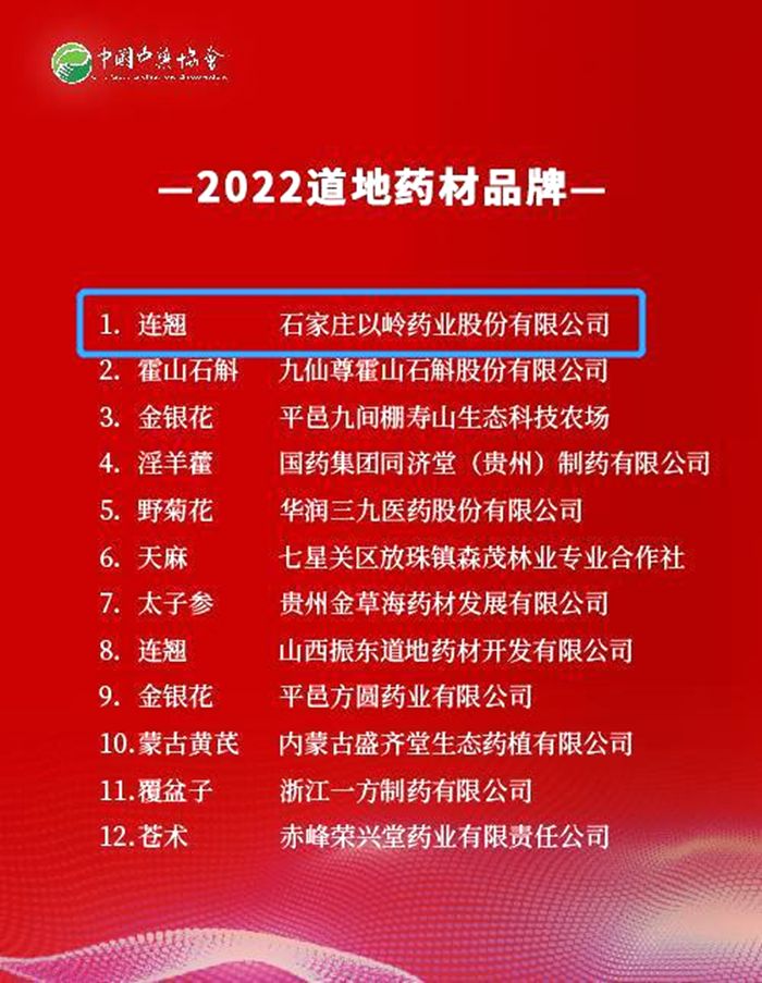 以岭药业“连翘”获“2022道地药材品牌”