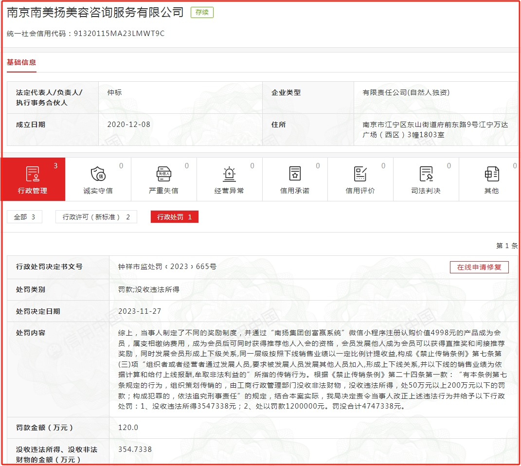 南京南美扬美容咨询服务有限公司因涉嫌传销被罚没474万元