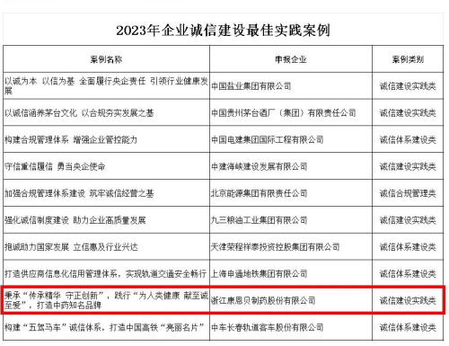 康恩贝获2023年企业诚信建设实践最佳案例