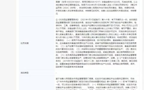 广州市名仁堂化妆品有限公司因化妆品生产企业违法行为被罚款1万元