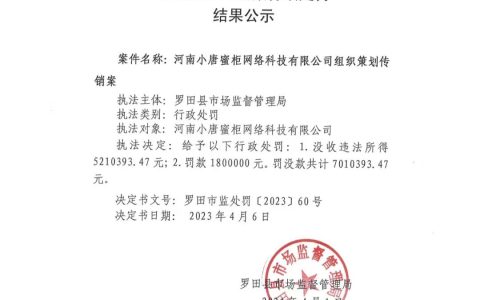 河南小唐蜜柜网络科技有限公司因组织策划传销被罚没700余万元